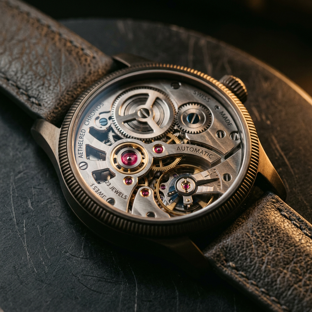 Editorial product photograph of a mechanical watch generated by the Unexposed CLI